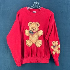 Vintage Teddy Bear Christmas Crewneck Sweatshirt Womens L Red Jingle Bells USA