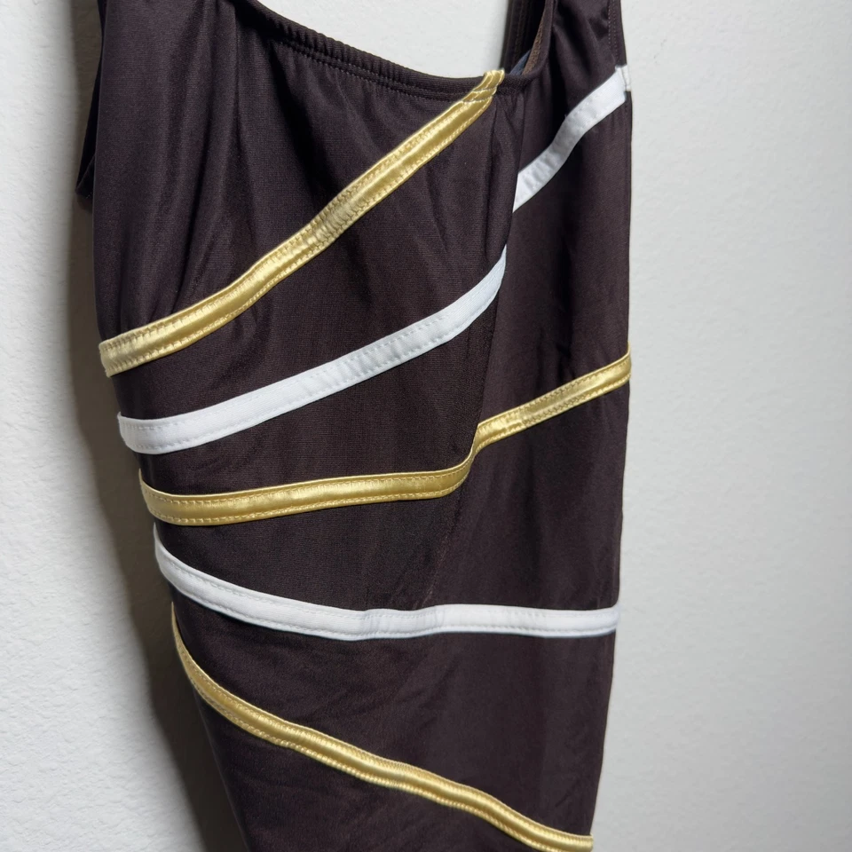 Traje de baño Longitude de una pieza para mujer 8 marrón blanco dorado rayas cuello cuadrado estante Br Foto 3 de 4