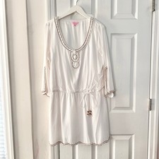 Lilly Pulitzer White Delisa Beaded Boho Beach Tunic Mini Dress Tie Waist Belt XL