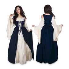 Medieval Off Shoulder Dress with Lace Up Bodice, Flowing Maxi Costume Gown