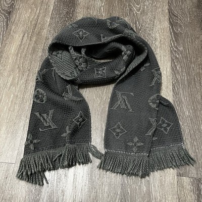 Louis Vuitton Paris Wool Blend Scarf 72x12 Gray Fringe Knit Logo Made In Italy