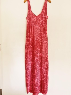 Free People Worth The Wait Dress Women L Pink Cherry  Satin Slip Maxi Side Slit