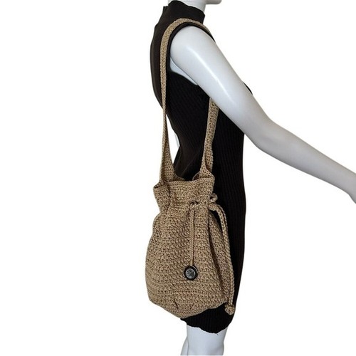The Sak Tan Brown Crochet Medium Drawstring Bucket Shoulder Bag