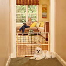 26.5"-42" Wire Mesh Petgate Small to Medium Dog Breeds Natural Wood