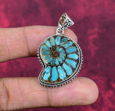 Ammonite Fossil Gemstone Handmade 925 Sterling Silver Beautiful Pendant Jewelry