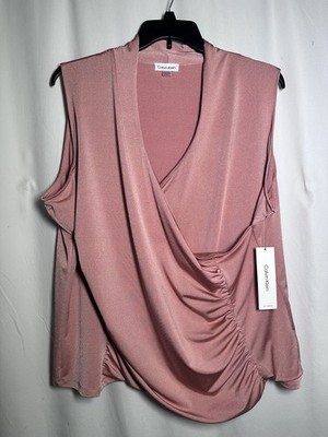 Calvin Klein Women Blouse Shirt Top 3X Wrap Sleeveless Stretchy Popover Pink New