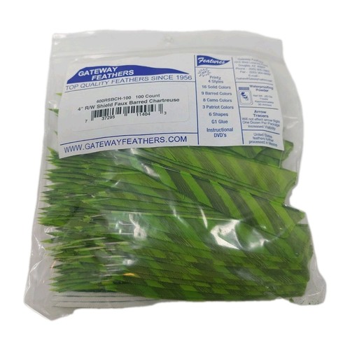 100pk Gateway Feathers 4" Right Wing: Shield Faux Barred Chartreuse 400RSBCH-100 - Picture 1 of 3
