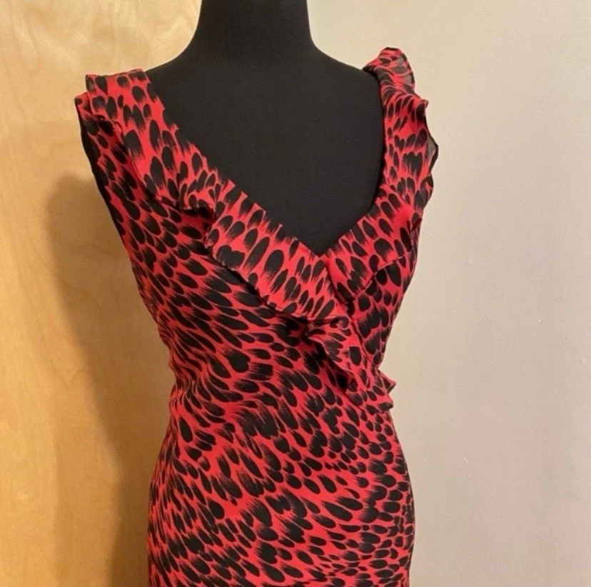 Vestido DR Donna Rocco Rojo Negro Cuello en V Sin Mangas Talla 14 Dobladillo Asimétrico Foto 4 de 4