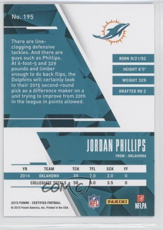 2015 Certified Rookies Mirror Green /5 Jordan Phillips #195 Rookie RC - Image 2 of 2