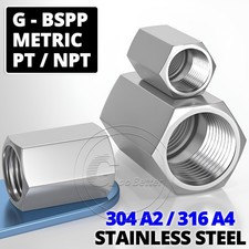 Stainless Steel 304 / 316 Hex Female Straight Coupling 1/8 - 2 Threaded Fittings
