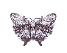 BUTTERFLY HAIR BARRETTE CLIP CRYSTAL SILVER TONE METAL