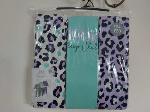 F&F Girls Age 10-11 Years 3-Pack Long Sleeve Long Leg Weekend Sleep Club Pyjamas