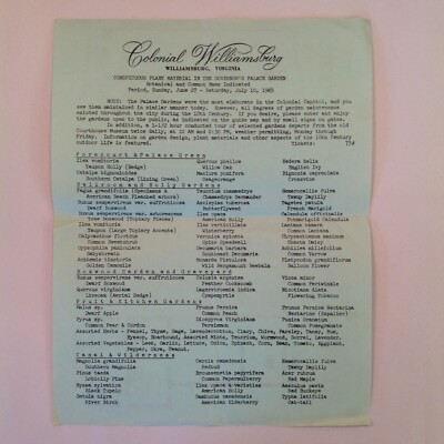 Vtg Summer 1965 Colonial Williamsburg Virginia Plant List Map Governor's Palace