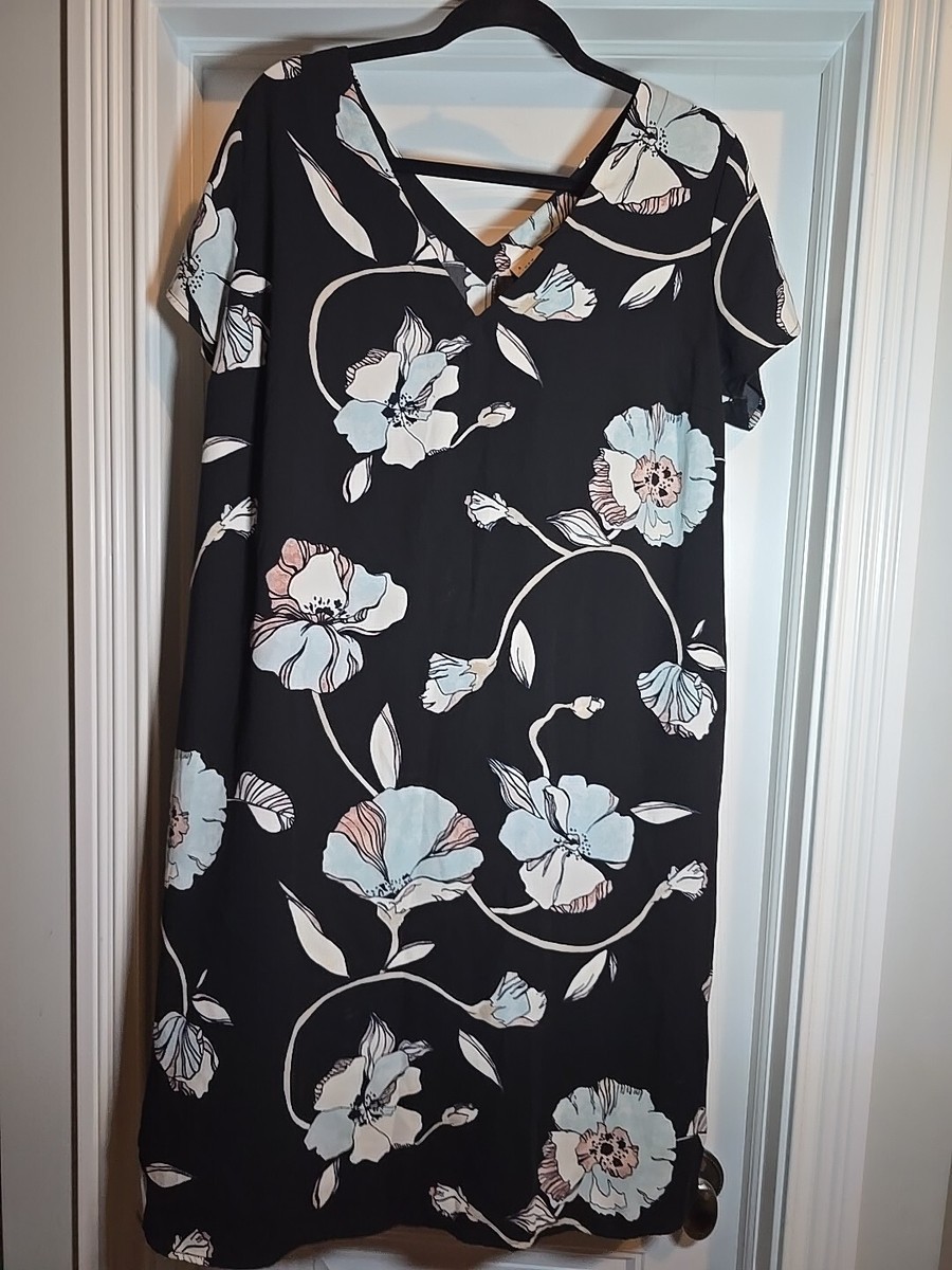 A New Day Shift Dress Women's XXL Black Pink Blue Floral Print V