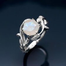 Natural Blue Fire Moonstone Hexagon Shape Leaf Ring 925 Sterling Silver Jewelry