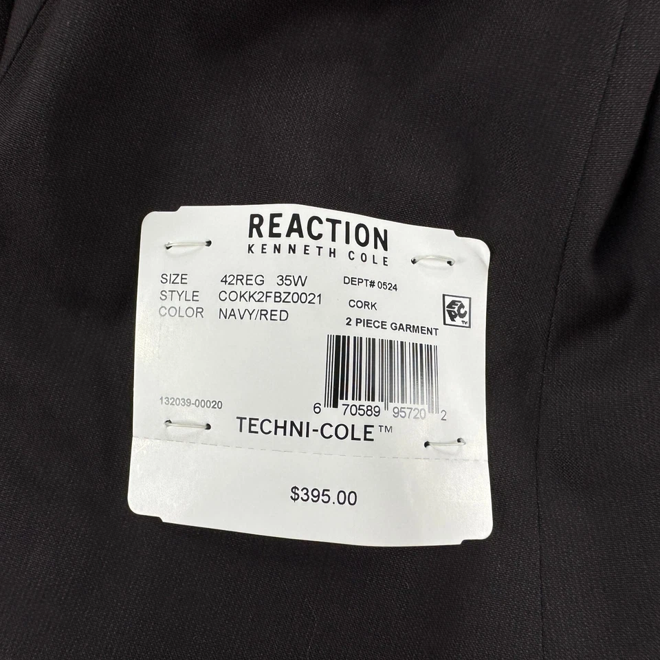 Traje Kenneth Cole Para Hombres 2 Piezas Listo Flex Calce Ajustado Azul Marino Rojo 42R 35W Foto 4 de 4