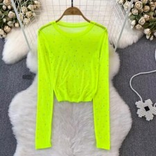 Camisa transparente de malla de lentejuelas ajustada para dama manga larga recortada transparente