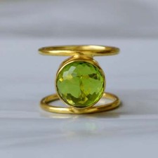 Rose Cut Green Peridot Quartz Sterling Silver Yellow Gold Double Band Ring