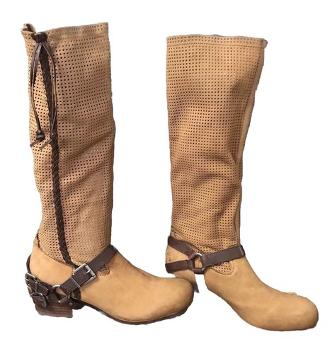 BOHO $299+BACIO 61 PALPARE Tan Leather KNEE BOOTS w/Brown LEATHER HARNESS sz 9M - Picture 8 of 13