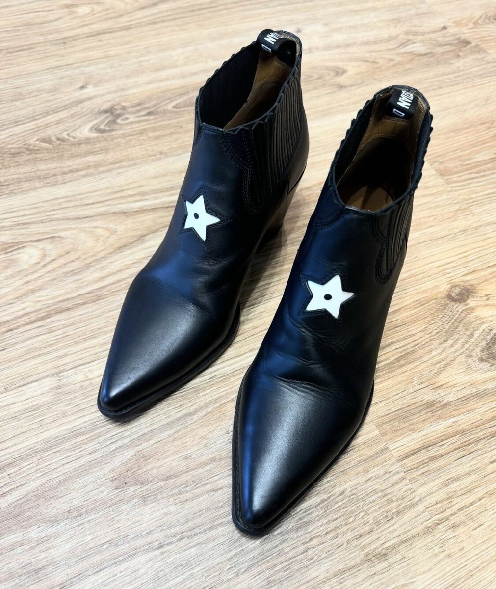Authentic Christian Dior Black Leather Star Cowboy Boots Size EU