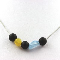 Steine Und MinéRaux. Halskette Perlen Schwarz Onyx Matt 8 Mm + Aquamarin Du