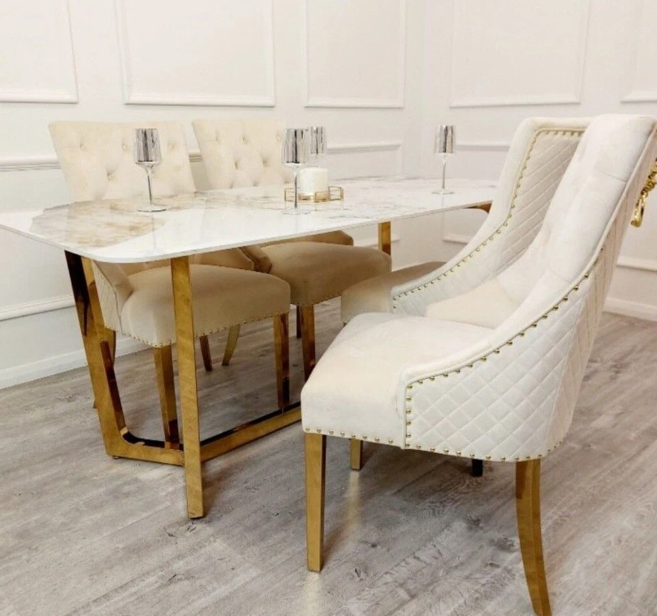 Lucia Luxury Italian 1.8m White Marble Stone Gold Dining Table NEW - Image 2 of 4