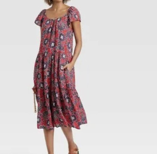 Knox Rose Women's Flutter Short Sleeve A Line Dress w Pockets Red Floral Size M - Picture 2 of 12