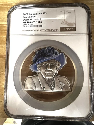 In Memoriam Of Queen Elizabeth II 5 oz Silver Coin Barbados 2022 NGC MS70