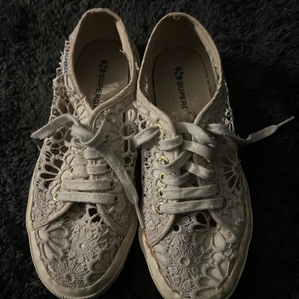 (J24) Superga женские туфли размер 8,5 шнурует вверх кроссовки слоновой кости 2750 Macramew - Изображение 2 из 4