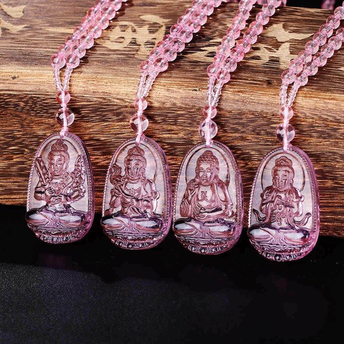 Buddha Necklace Pendant Lucky Stone Gemstone Chain Hand-carved Jewelry Pink New - Picture 2 of 19