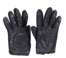 Vintage Neiman Marcus Gloves Womens Italy Black Faux Leather Cotton Fourchettes