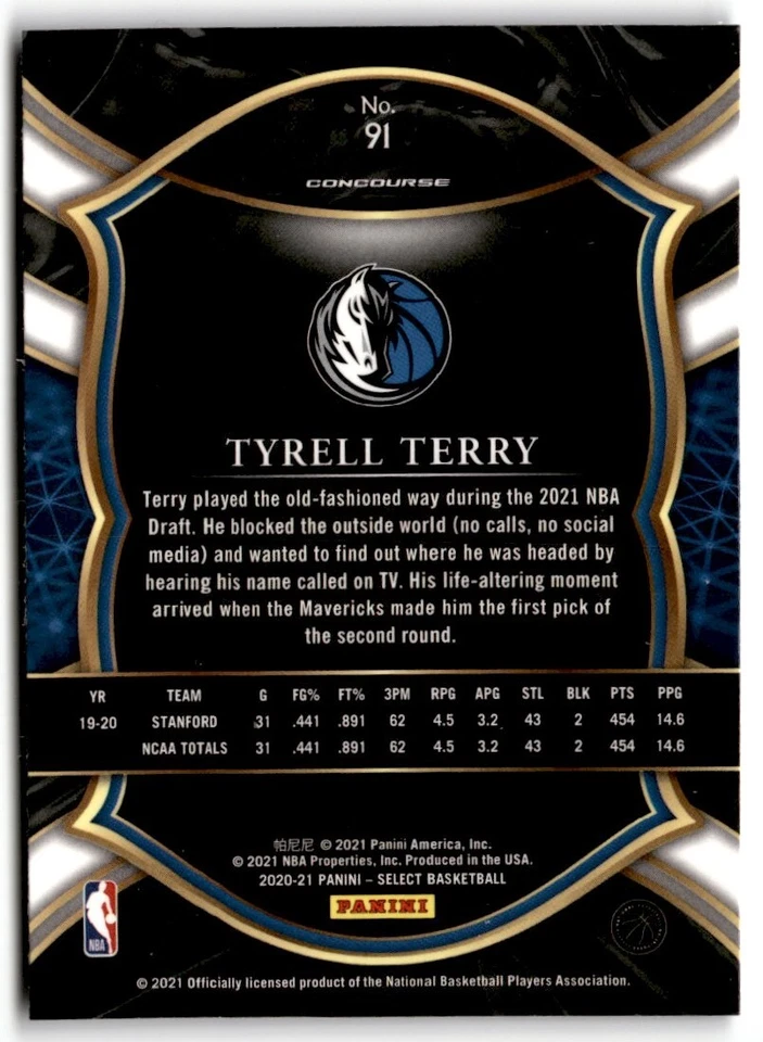 2020-21 Panini Select Blue Tyrell Terry Rookie #91 Dallas Mavericks - Image 2 of 2