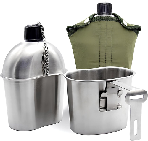 Edelstahl Militär Kantine und Becher Set mit grünem Deckel für Camping, Wandern - Bild 10 von 12