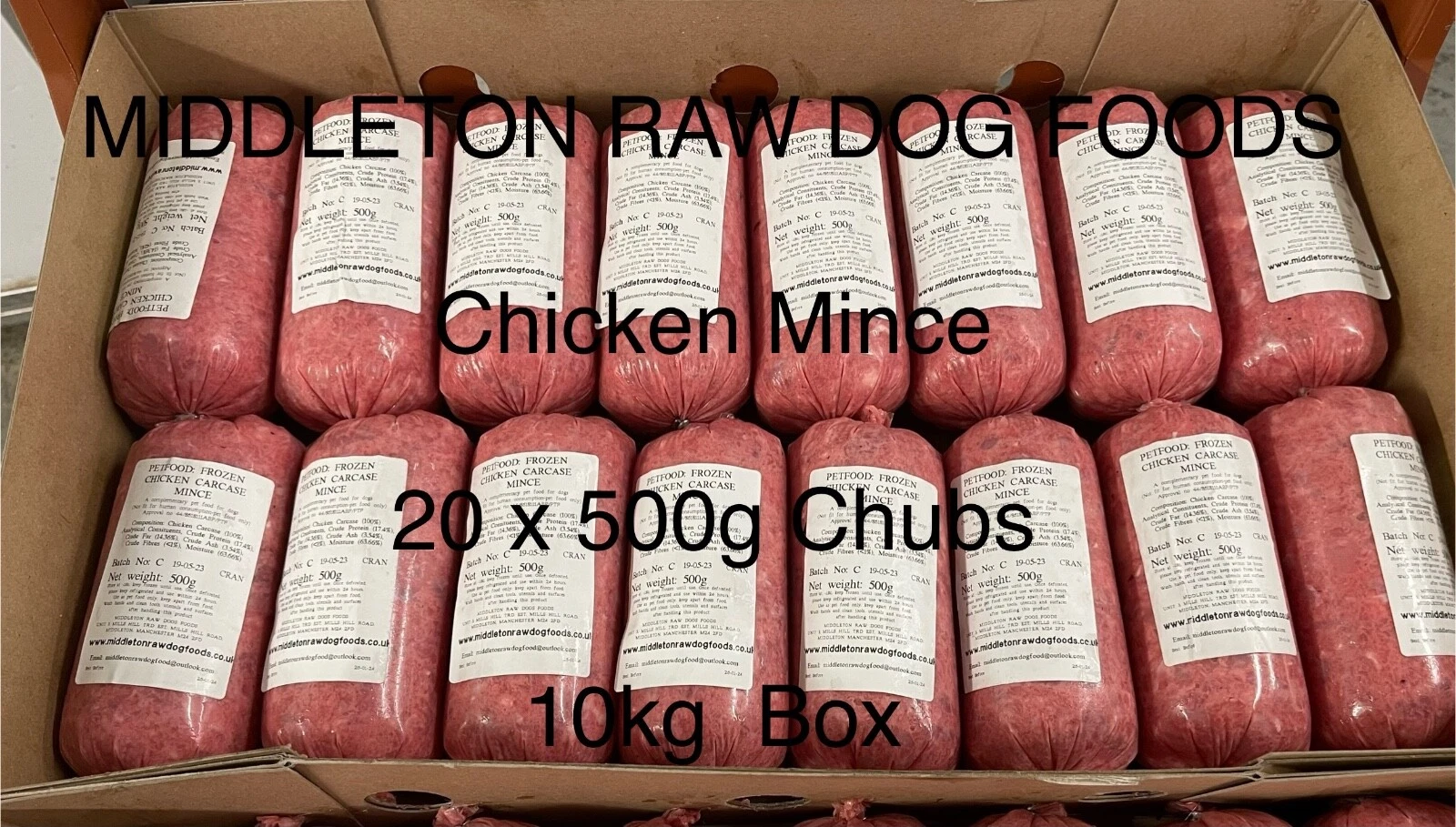 Frozen Dog Food Chicken Mince 20 x 500g Chubs 10kg box .BARF RAW DIET delivered
Opens in a new windo