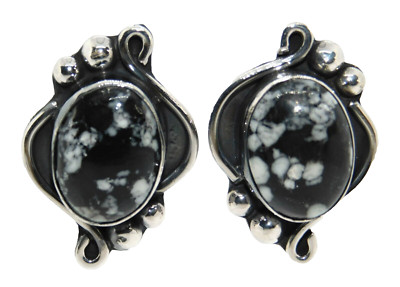 Retro Taxco Mexico 925 Sterling Silber Oval Schneeflocke Obsidian Ohrringe