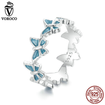 VOROCO 925 Sterling Silver Blue Butterfly Wedding Rings For Women Gifts Jewelry