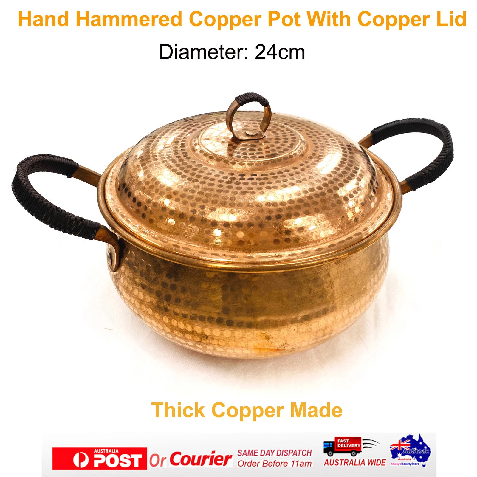 Hand Hammered Copper Cooking Pot bowl with Copper Lid Diameter 24 cm Stockpot
