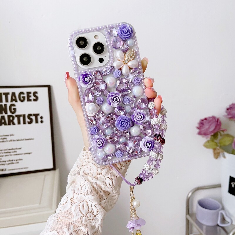 【プロフ】IPhone17pro フラワーキーチェーン付き For iPhone 17 Pro Max 16 15 14 13 12 11 Woman's Luxury Diamond