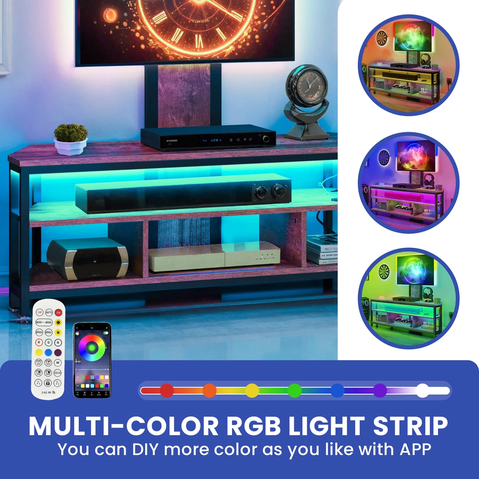 Consola con soporte de TV para TV de hasta 70 pulgadas con luces LED y tomas de corriente y montaje Foto 3 de 4