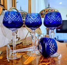 Wine Glasses Goblets Hock Cut-to-Clear  Royal COBALT BLUE  Set of 4