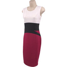 SheZ Womens Sheath Dress Size Large Black Cream Magenta Colorblock Sleeveless 