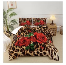 King Comforter Set Red Rose Leopard Print Floral Cheetah Bedding 3pc Soft