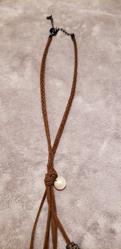 Chico's 28" Long Lariat Necklace W/ Faux & Real Pearls, Mixed Media, Brown Suede - Picture 4 of 4