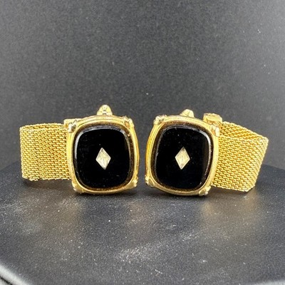 Vintage Mesh Cufflinks Gold Tone Polished Black Stone