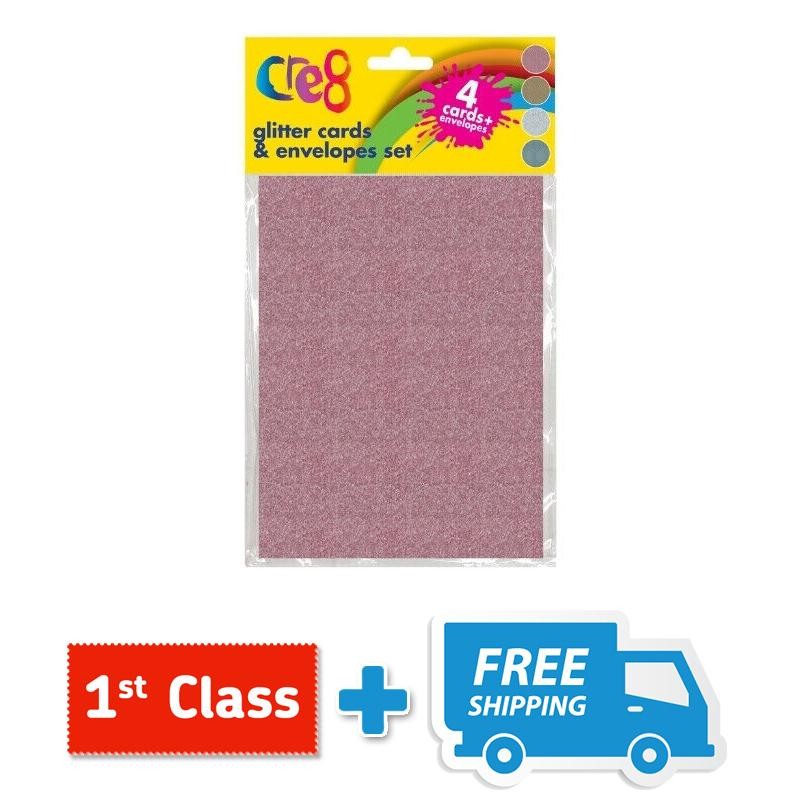 The Cre8® Glitter Cards & Envelopes Set themes and designs 4pk.