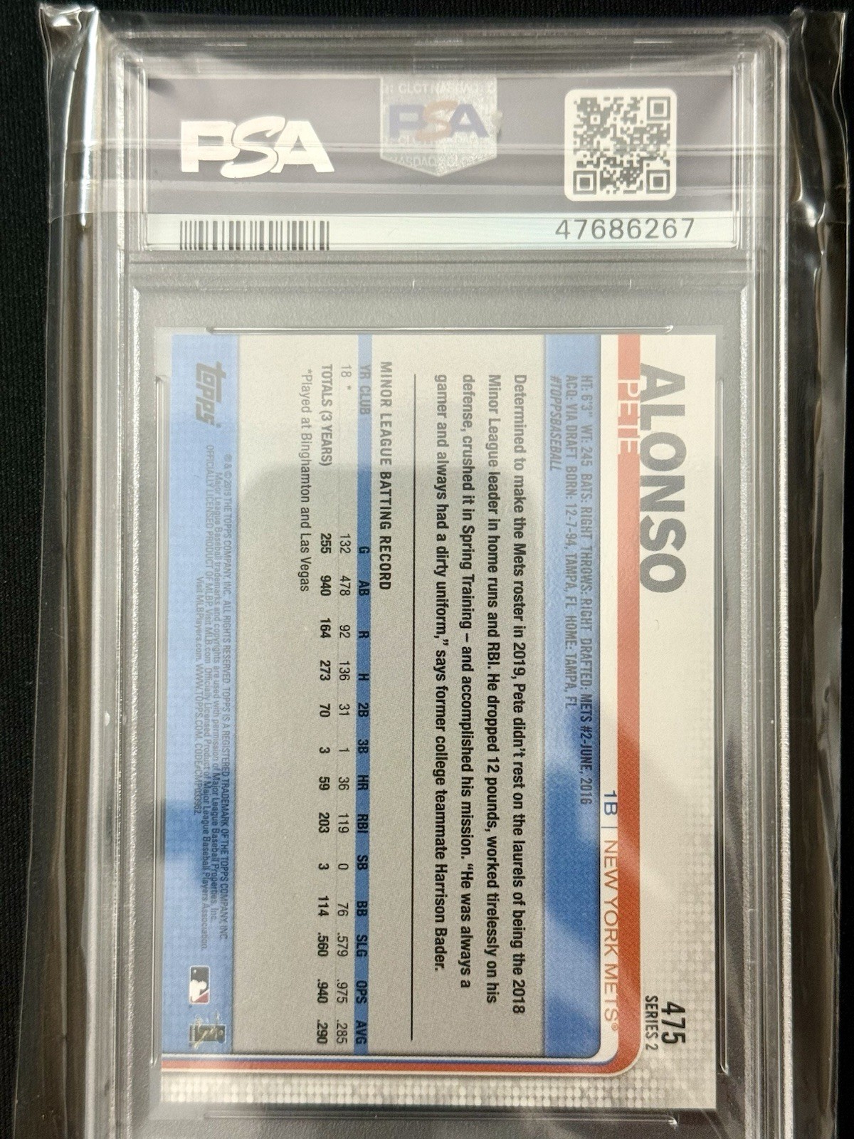 2019 Topps Pete Alonso PSA 10 view 2