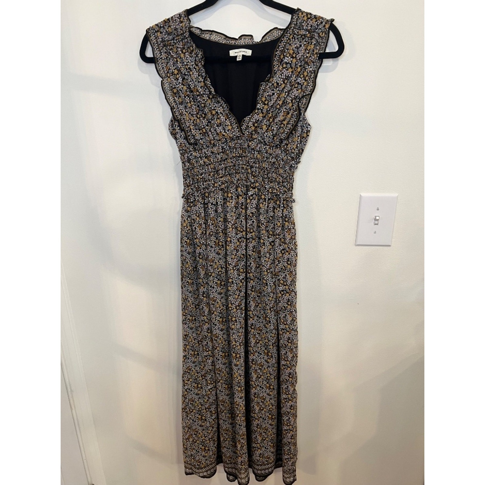 Max Studio Floral Smocked Midi Dress Boho Cottagecore Ruffle XS