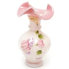 Fenton Hand Painted Pink Ruffled Vase Floral Signed S. Hughes Tulip Lilac Pulpit