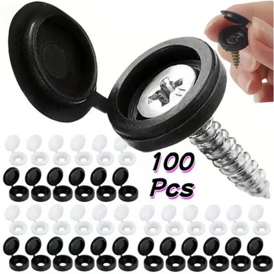 100 Pcs Black Hinged Screw Cover Caps   Snap Flip Tops w/ Washers Small