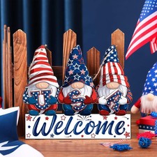 Patriotic Welcome Door Decoration 4th of July Wooden Sign Memorial Retro Gnome